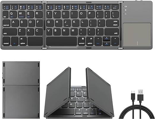 Teclado Bluetooth Plegable,Teclado Inalámbrico Portátil Tri-Plegable con Touchpad, Mini Teclado Ergonomico Plegable Ultradelgado,Sincronización de Hasta 3 Dispositivos,para Windows iOS, Android.