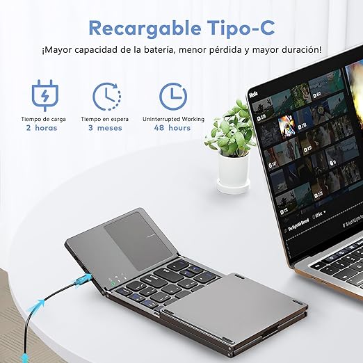 Teclado Bluetooth Plegable,Teclado Inalámbrico Portátil Tri-Plegable con Touchpad, Mini Teclado Ergonomico Plegable Ultradelgado,Sincronización de Hasta 3 Dispositivos,para Windows iOS, Android.
