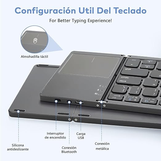 Teclado Bluetooth Plegable,Teclado Inalámbrico Portátil Tri-Plegable con Touchpad, Mini Teclado Ergonomico Plegable Ultradelgado,Sincronización de Hasta 3 Dispositivos,para Windows iOS, Android.