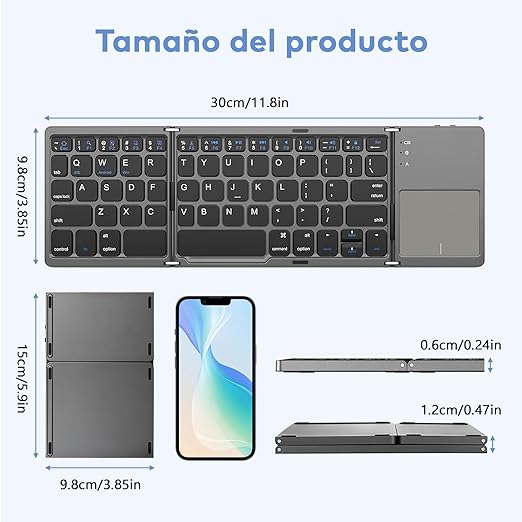 Teclado Bluetooth Plegable,Teclado Inalámbrico Portátil Tri-Plegable con Touchpad, Mini Teclado Ergonomico Plegable Ultradelgado,Sincronización de Hasta 3 Dispositivos,para Windows iOS, Android.