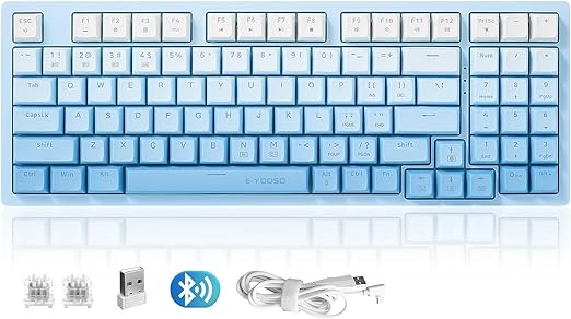 TERPORT TR95 Teclado Mecánico en 3 Modos con Bluetooth/2.4G Inalámbrico/Cable, 94 Teclas Teclado Compacto para Color Azul Degradado, Portátil Teclado de 18 RGB Retroiluminación, Blanco Interruptor.