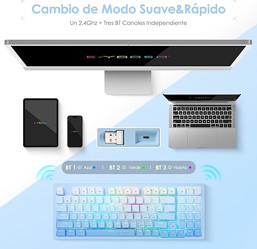 TERPORT TR95 Teclado Mecánico en 3 Modos con Bluetooth/2.4G Inalámbrico/Cable, 94 Teclas Teclado Compacto para Color Azul Degradado, Portátil Teclado de 18 RGB Retroiluminación, Blanco Interruptor.