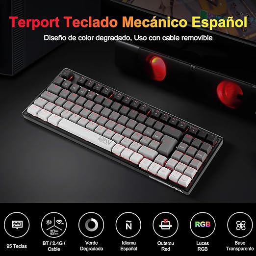 TERPORT TR95 Teclado Mecánico Inalámbrico Español de Gris Degradado, Conexión con BT/2.4G Inalámbrico/Cable, Teclado Portátil Compacto de 95 Teclas, 18 RGB Retroiluminación, Keyboard de Brown Switch.