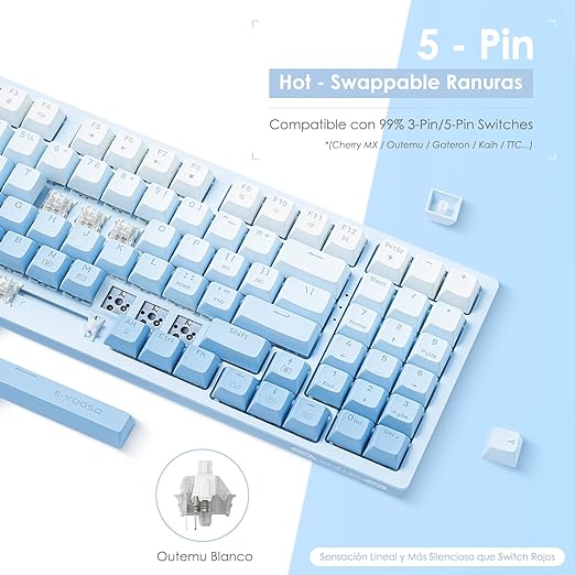 TERPORT TR95 Teclado Mecánico en 3 Modos con Bluetooth/2.4G Inalámbrico/Cable, 94 Teclas Teclado Compacto para Color Azul Degradado, Portátil Teclado de 18 RGB Retroiluminación, Blanco Interruptor.