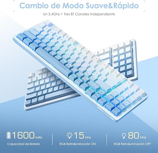 TERPORT TR95 Teclado Mecánico en 3 Modos con Bluetooth/2.4G Inalámbrico/Cable, 94 Teclas Teclado Compacto para Color Azul Degradado, Portátil Teclado de 18 RGB Retroiluminación, Blanco Interruptor.
