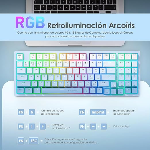 TERPORT TR95 Teclado Mecánico en 3 Modos con Bluetooth/2.4G Inalámbrico/Cable, 94 Teclas Teclado Compacto para Color Azul Degradado, Portátil Teclado de 18 RGB Retroiluminación, Blanco Interruptor.