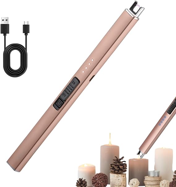 A Yostyle Encendedor Electrónico,Encendedor de Velas Sin Llama,Electric Lighter Resistente al Viento&Seguro,Encendedor de Plasma Multiusos para Velas,Cocina&Aire Libre como Barbacoa&Campismo-Oro Rosa.