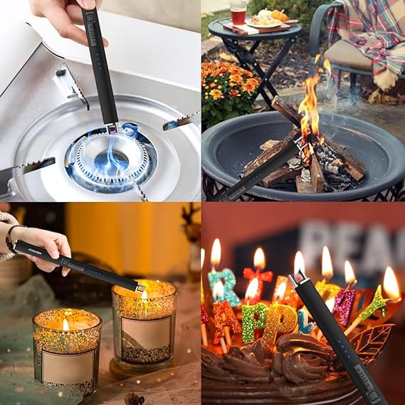 A Encendedor Electrónico，Encendedor de Plasma USB Rechargeable con Pantalla de Batería LED, Encendedor de Velas sin Llama Resistente al Viento & Seguro, Electric Lighter para Velas, Cocina, Barbacoa y Camping (Negro).