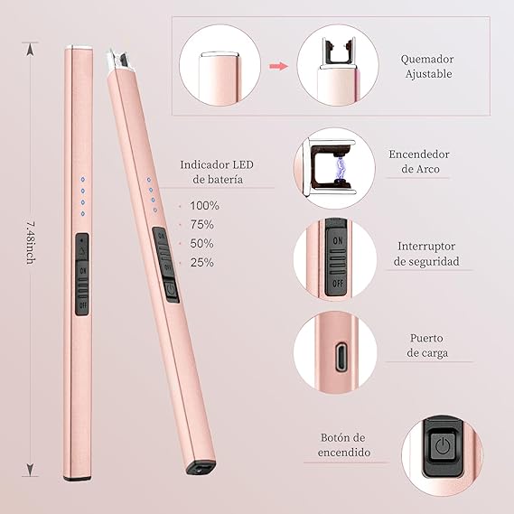 A Yostyle Encendedor Electrónico,Encendedor de Velas Sin Llama,Electric Lighter Resistente al Viento&Seguro,Encendedor de Plasma Multiusos para Velas,Cocina&Aire Libre como Barbacoa&Campismo-Oro Rosa.
