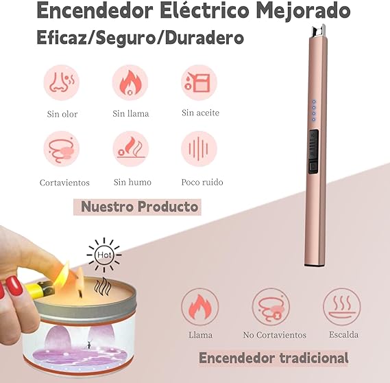 A Yostyle Encendedor Electrónico,Encendedor de Velas Sin Llama,Electric Lighter Resistente al Viento&Seguro,Encendedor de Plasma Multiusos para Velas,Cocina&Aire Libre como Barbacoa&Campismo-Oro Rosa.
