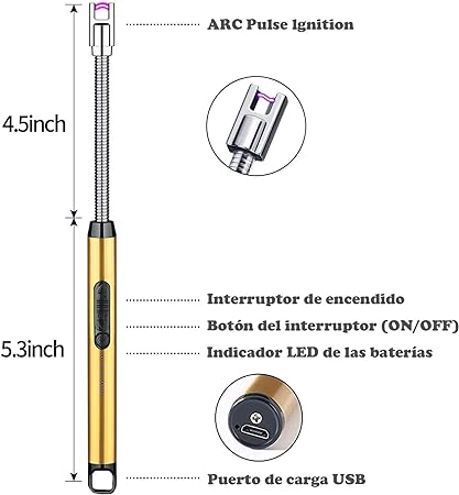 A Encendedor Electrico Recargable con Indicador de Batería, Encendedor Arco Eléctricos para Encender Velas, Gas, Barbacoa, Cocina y Fuegos Artificiales (Oro).