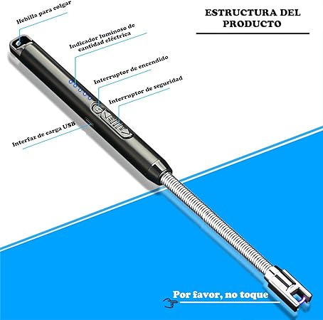 A Encendedor Electrico Recargable con Indicador de Batería, Encendedor Arco Eléctricos para Encender Velas, Gas, Barbacoa, Cocina y Fuegos Artificiales (Oro).