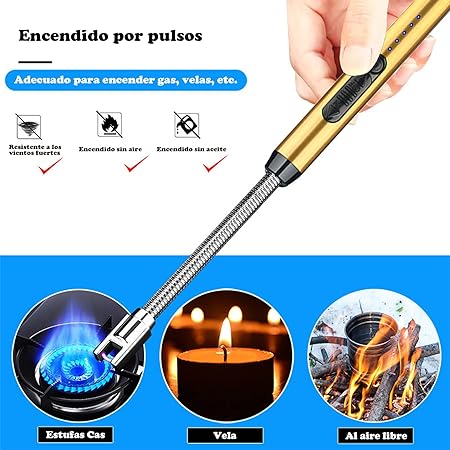 A Encendedor Electrico Recargable con Indicador de Batería, Encendedor Arco Eléctricos para Encender Velas, Gas, Barbacoa, Cocina y Fuegos Artificiales (Oro).