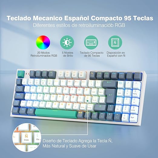 TERPORT TR95 Teclado Mecánico Español Compacto 95 Teclas, Teclado Gaming con Ñ y 20 Efectos Iluminación RGB