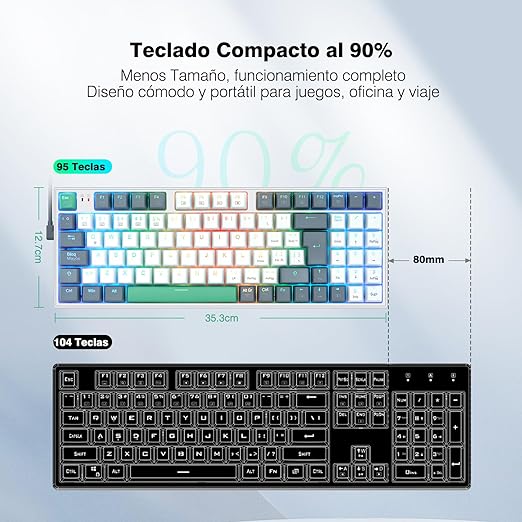 TERPORT TR95 Teclado Mecánico Español Compacto 95 Teclas, Teclado Gaming con Ñ y 20 Efectos Iluminación RGB