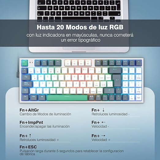 TERPORT TR95 Teclado Mecánico Español Compacto 95 Teclas, Teclado Gaming con Ñ y 20 Efectos Iluminación RGB