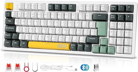 TERPORT TR95 Teclado Mecánico Inalámbrico Español de 95 Teclas, Conexión con BT/2.4G/Cable, Teclado Gamer de18 RGB Retroiluminación, Portátil Teclado Juegos Recargable, Keyboard con Red Switch.