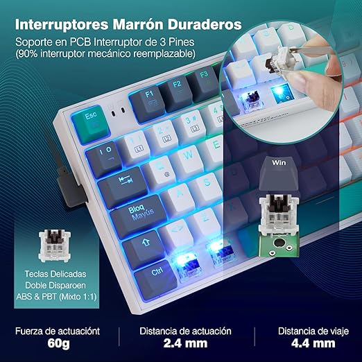 TERPORT TR95 Teclado Mecánico Español Compacto 95 Teclas, Teclado Gaming con Ñ y 20 Efectos Iluminación RGB