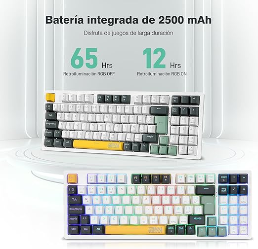 TERPORT TR95 Teclado Mecánico Inalámbrico Español de 95 Teclas, Conexión con BT/2.4G/Cable, Teclado Gamer de18 RGB Retroiluminación, Portátil Teclado Juegos Recargable, Keyboard con Red Switch.
