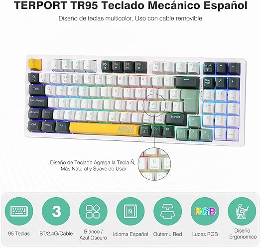 TERPORT TR95 Teclado Mecánico Inalámbrico Español de 95 Teclas, Conexión con BT/2.4G/Cable, Teclado Gamer de18 RGB Retroiluminación, Portátil Teclado Juegos Recargable, Keyboard con Red Switch.