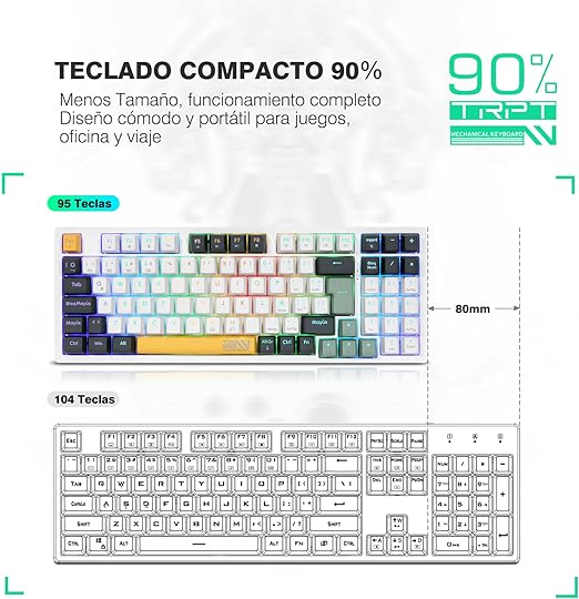 TERPORT TR95 Teclado Mecánico Inalámbrico Español de 95 Teclas, Conexión con BT/2.4G/Cable, Teclado Gamer de18 RGB Retroiluminación, Portátil Teclado Juegos Recargable, Keyboard con Red Switch.
