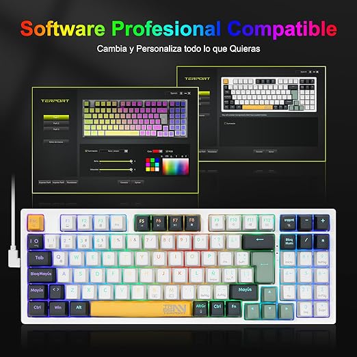 TERPORT TR95 Teclado Mecánico Inalámbrico Español de 95 Teclas, Conexión con BT/2.4G/Cable, Teclado Gamer de18 RGB Retroiluminación, Portátil Teclado Juegos Recargable, Keyboard con Red Switch.