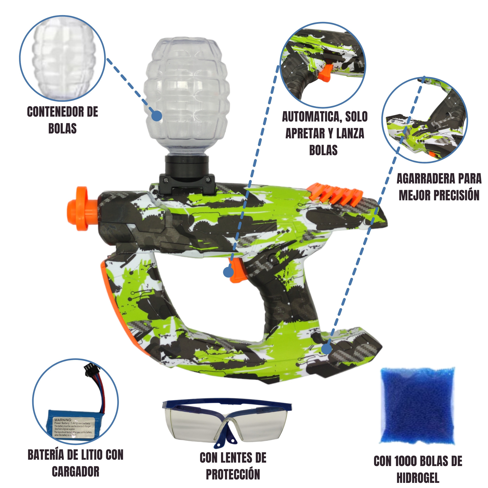 Pistola de Gel Automática Eléctrica para Niños Bolas Hidrogel - Verde.