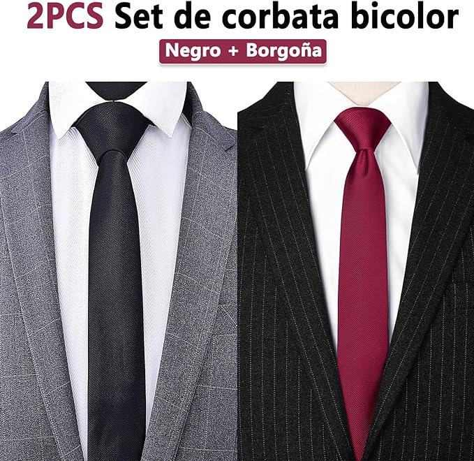 2PCS Corbatas Para Hombre - Corbata Slim Fit Clásica De Color Liso, Accesorios De Traje De Satén De Alta Calidad Para Fiestas Informales, Bodas (Borgoña + Negro).