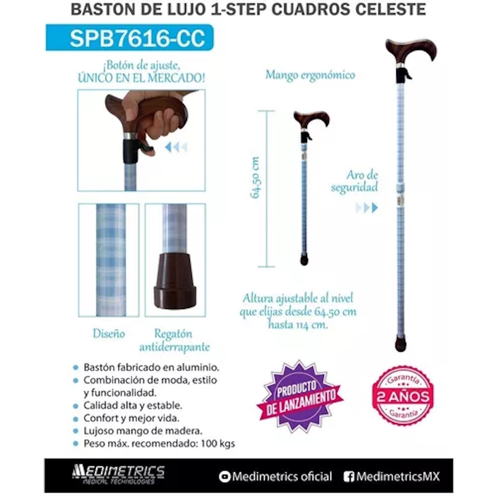 Bastón Lujo Aluminio 1 Step Cuadros Celeste Medimetrics.
