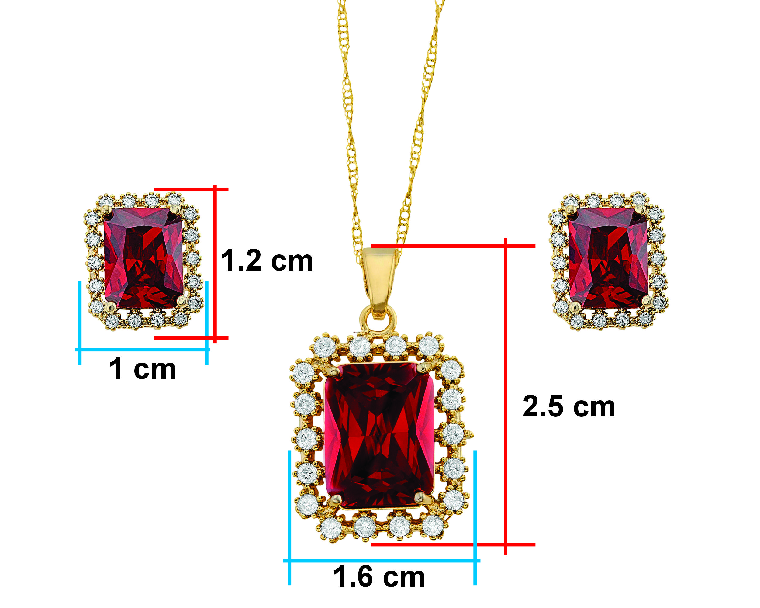 Juego/Set Chapa de Oro 18K Horoz Rectángulo Color Rubí SH36.