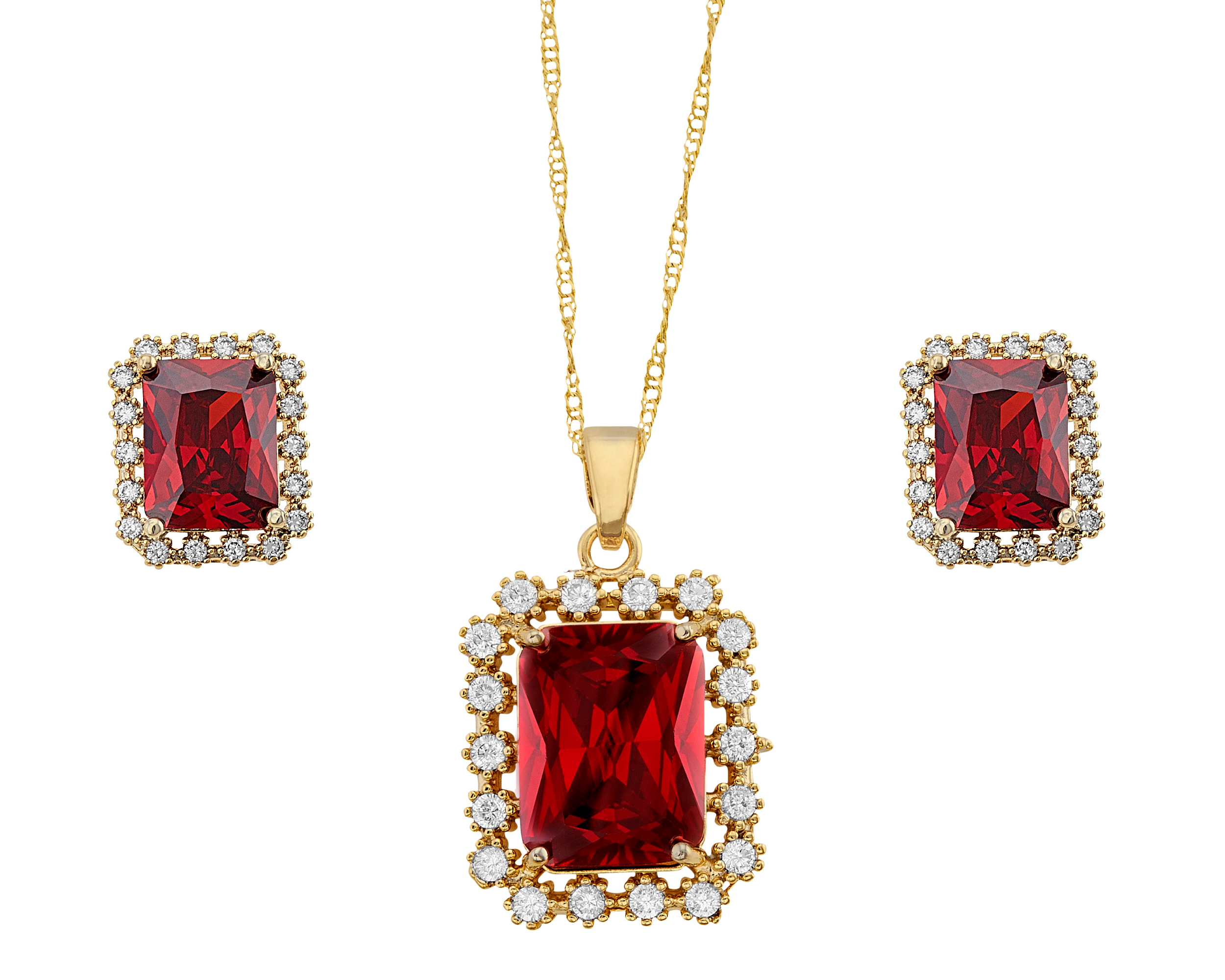 Juego/Set Chapa de Oro 18K Horoz Rectángulo Color Rubí SH36.