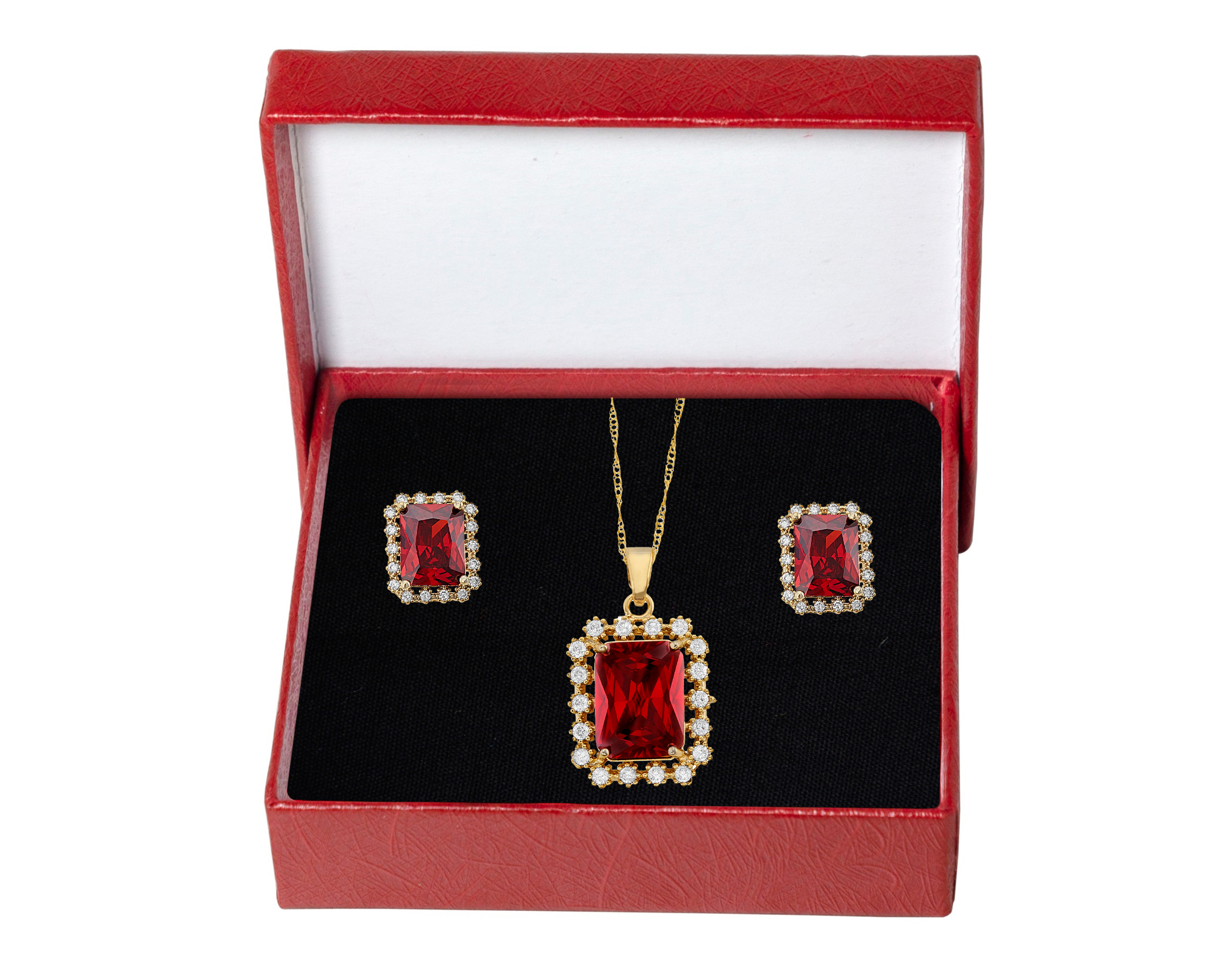 Juego/Set Chapa de Oro 18K Horoz Rectángulo Color Rubí SH36.