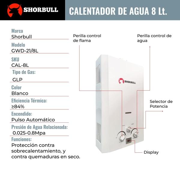 Calentador Paso SHORBULL Instantáneo Agua Ahorrador Gas 8L.