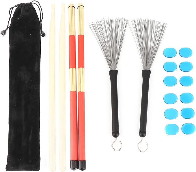 A Juego de baquetas, 1 par de baquetas 5A, 1 par de baquetas, 1 par de escobillas y 12 amortiguadores de tambor, para niños, adultos, banda de rock(M02761 Blue).