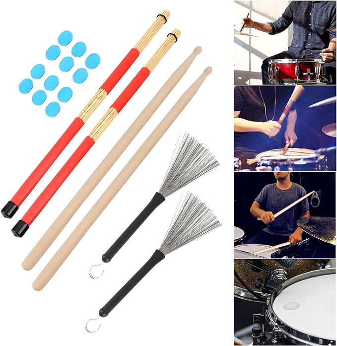 A Juego de baquetas, 1 par de baquetas 5A, 1 par de baquetas, 1 par de escobillas y 12 amortiguadores de tambor, para niños, adultos, banda de rock(M02761 Blue).