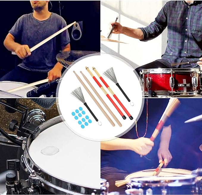 A Juego de baquetas, 1 par de baquetas 5A, 1 par de baquetas, 1 par de escobillas y 12 amortiguadores de tambor, para niños, adultos, banda de rock(M02761 Blue).