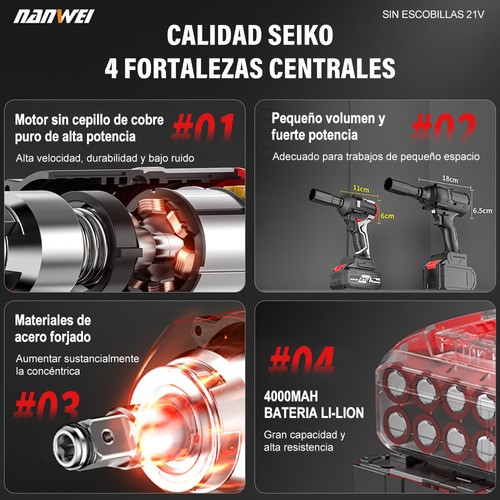 Llave De Impacto Electrico Sin Carbones Kit Nanwei 4.0ah Con 2batería Color Negro Frecuencia 60