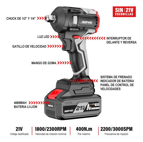 Llave De Impacto Electrico Sin Carbones Kit Nanwei 4.0ah Con 2batería Color Negro Frecuencia 60