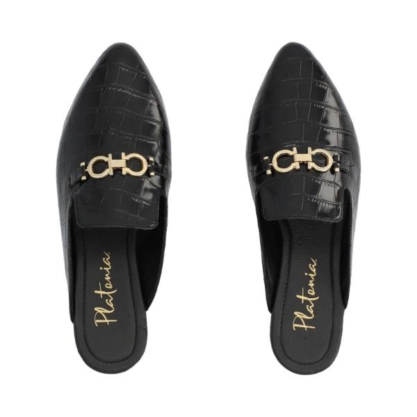 Flat Mule Tipo MocasÃ­n Puntal Para Mujer Color Drillo Negro