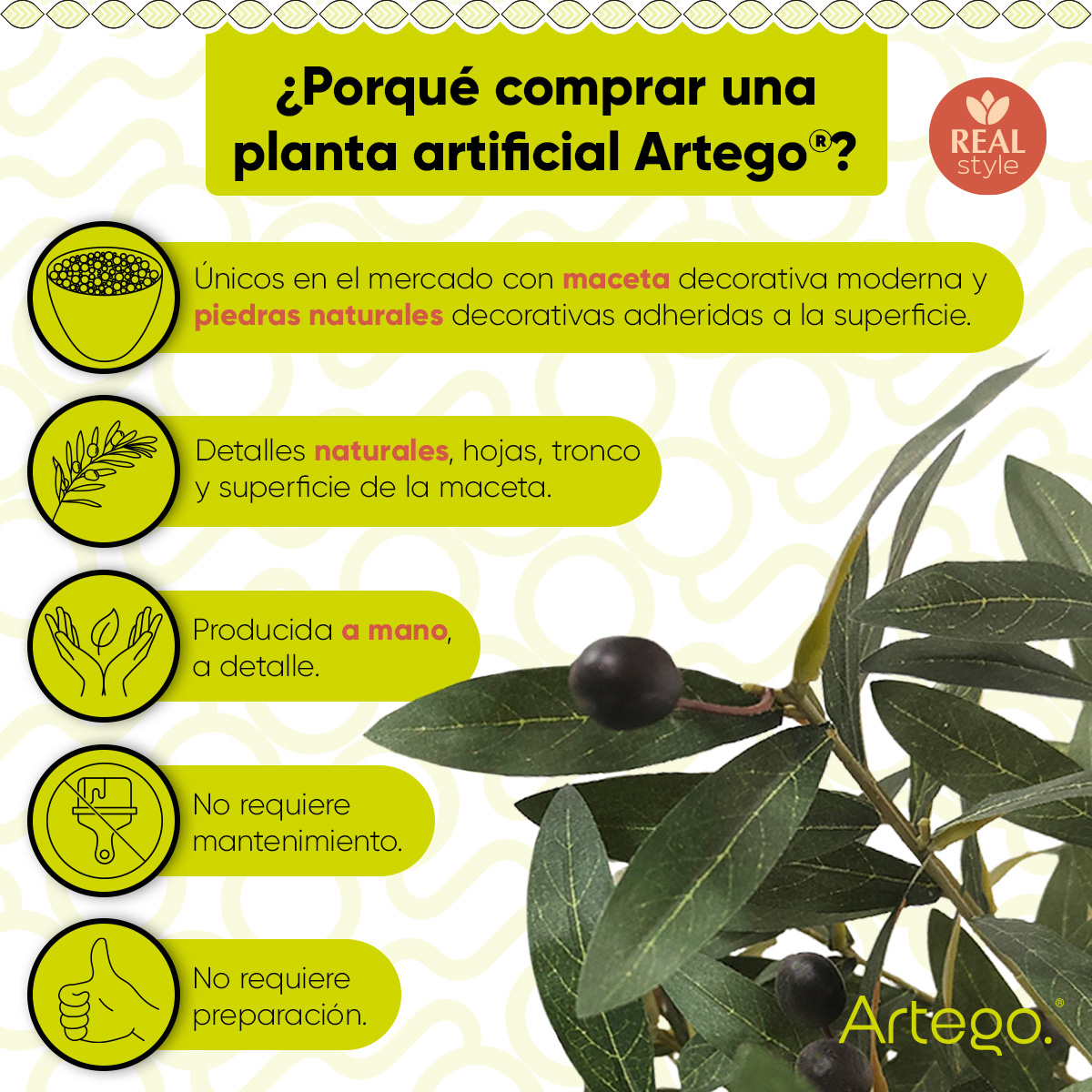 Planta artificial decorativa moderna con maceta Olivo grande de 180cm de alto Artego para hogar sala comercio oficina.