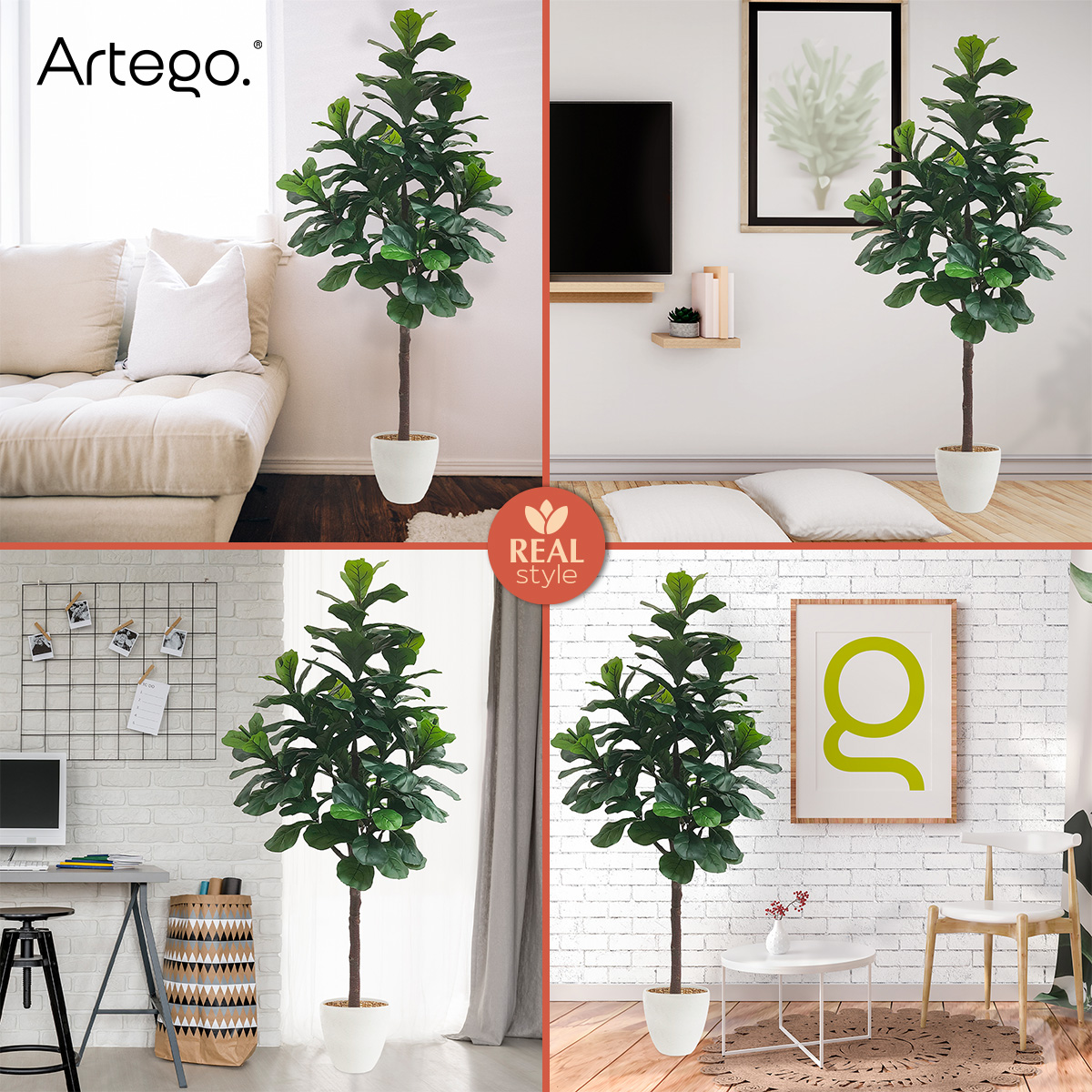 Planta artificial decorativa moderna con maceta Ficus Lyrata grande de 190cm de alto Artego para hogar sala comercio oficina.