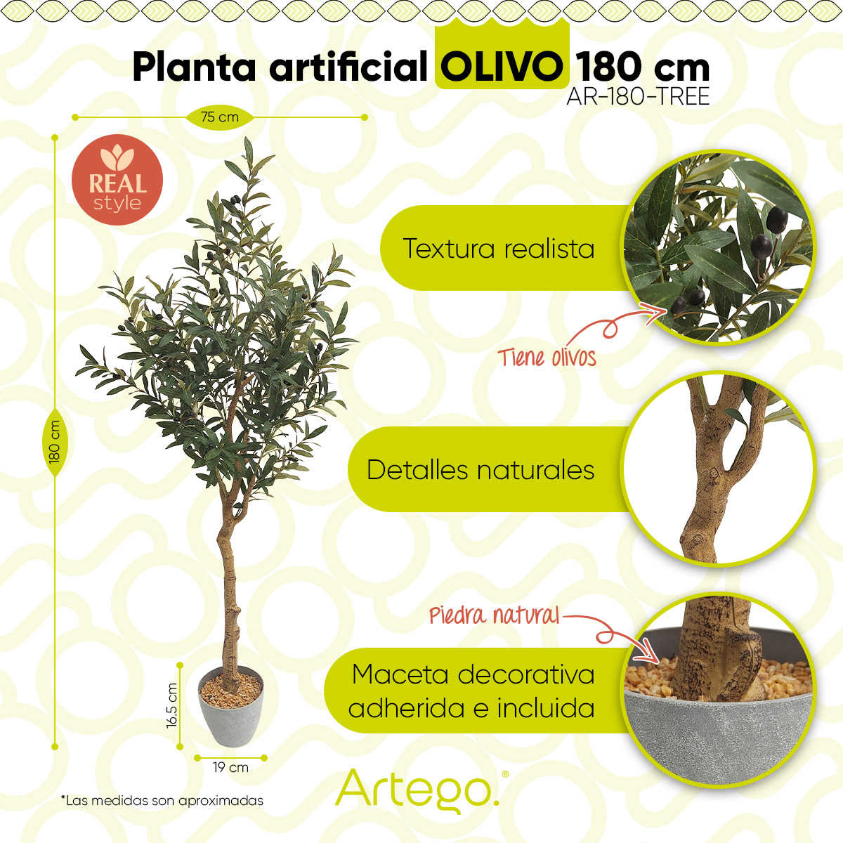 Planta artificial decorativa moderna con maceta Olivo grande de 180cm de alto Artego para hogar sala comercio oficina.