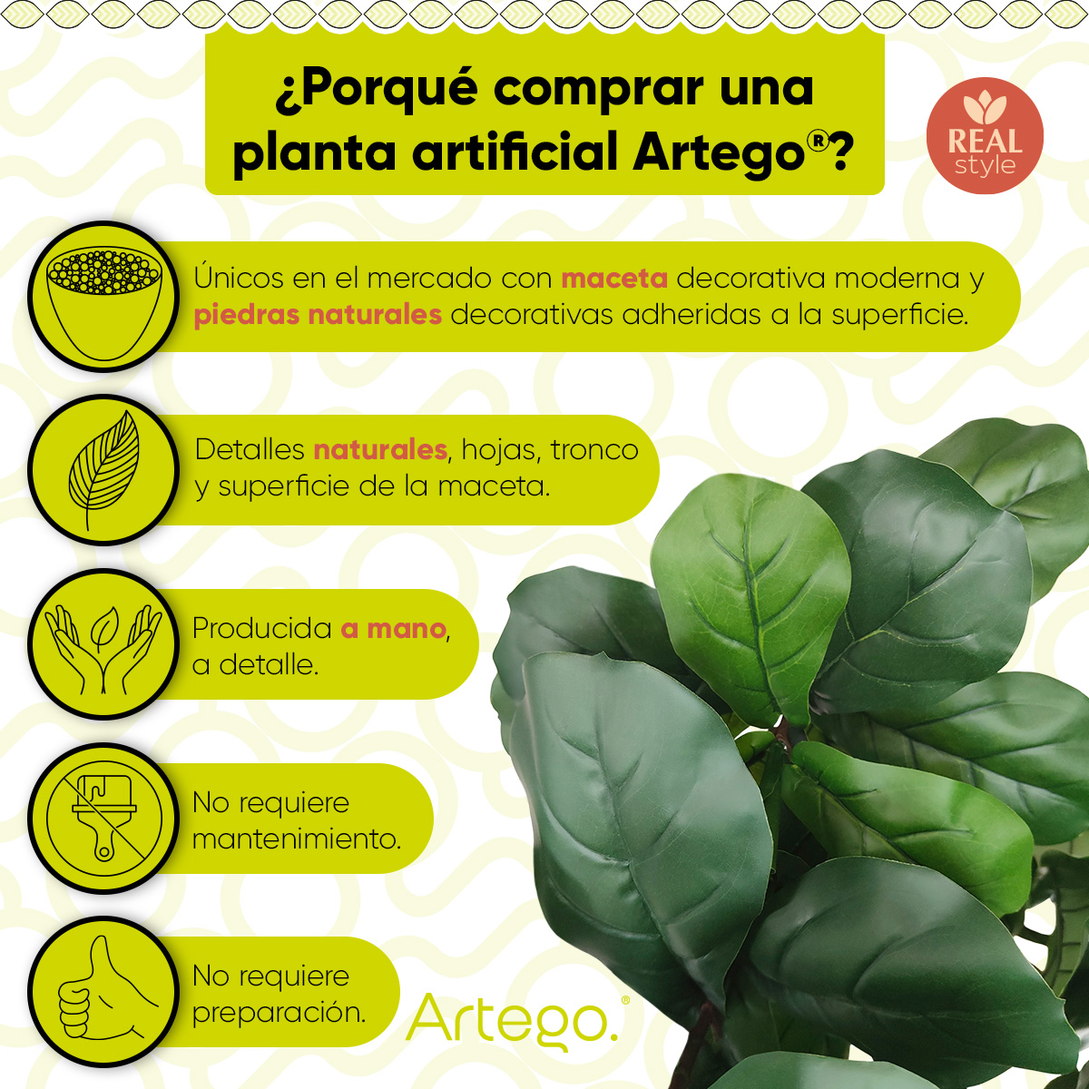 Planta artificial decorativa moderna con maceta Ficus Lyrata grande de 190cm de alto Artego para hogar sala comercio oficina.