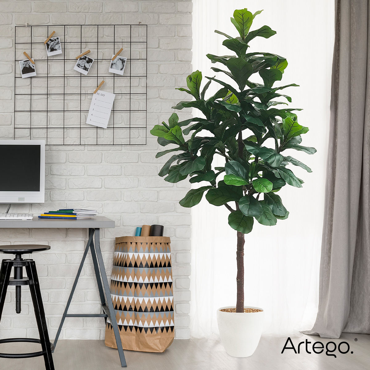 Planta artificial decorativa moderna con maceta Ficus Lyrata grande de 190cm de alto Artego para hogar sala comercio oficina.