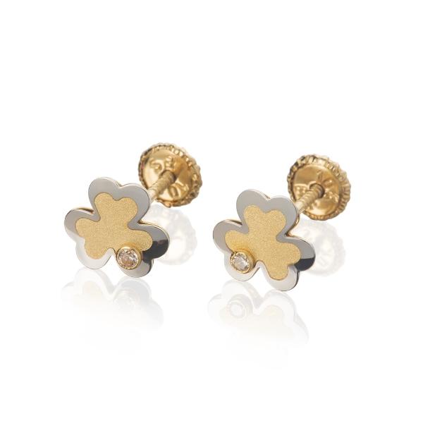 Aretes de Oro 14K Mujer Trébol con oro amarillo mate, oro blanco brillante y circonia | GIALLO