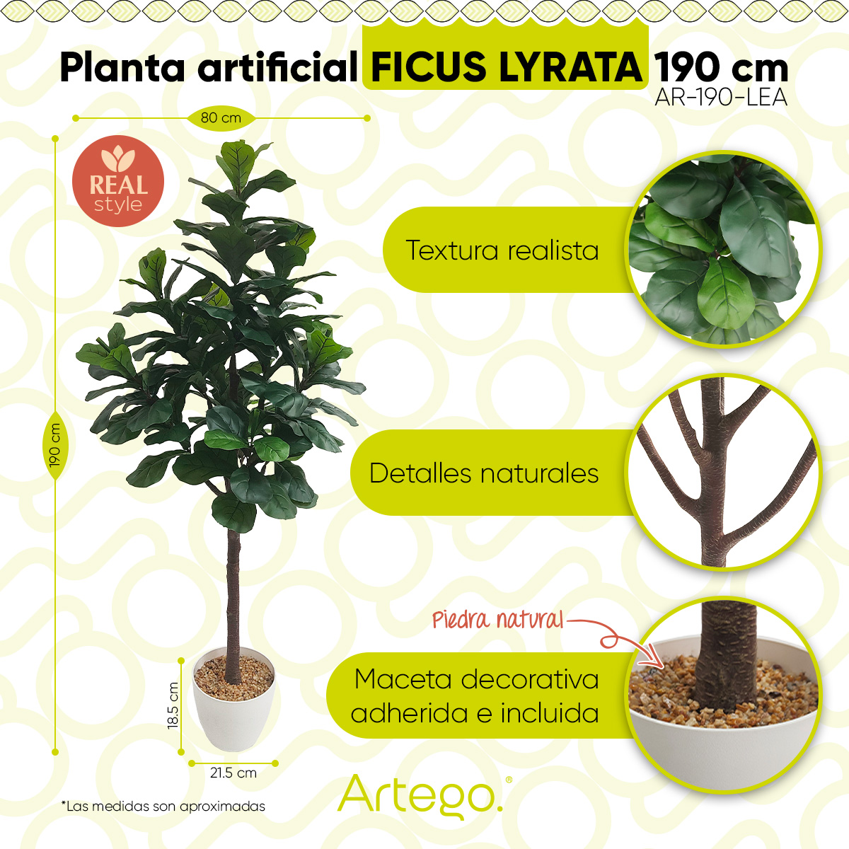 Planta artificial decorativa moderna con maceta Ficus Lyrata grande de 190cm de alto Artego para hogar sala comercio oficina.
