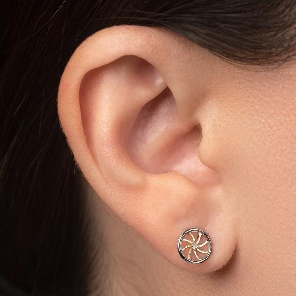 Aretes de oro 14k Mujer Broquel Rueda diamante con oro amarillo, oro blanco y zirconia | GIALLO