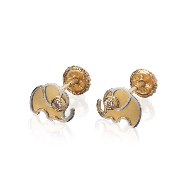 Aretes de Oro 14K Mujer broquel Elefante con oro amarillo mate, oro amarillo brillante y circonias | GIALLO