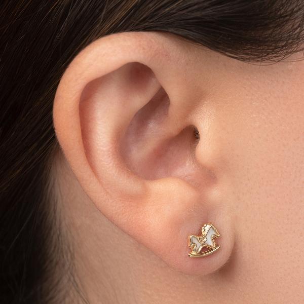 Aretes de Oro 14K Mujer broquel Caballo con oro amarillo brillante y madre perla | GIALLO