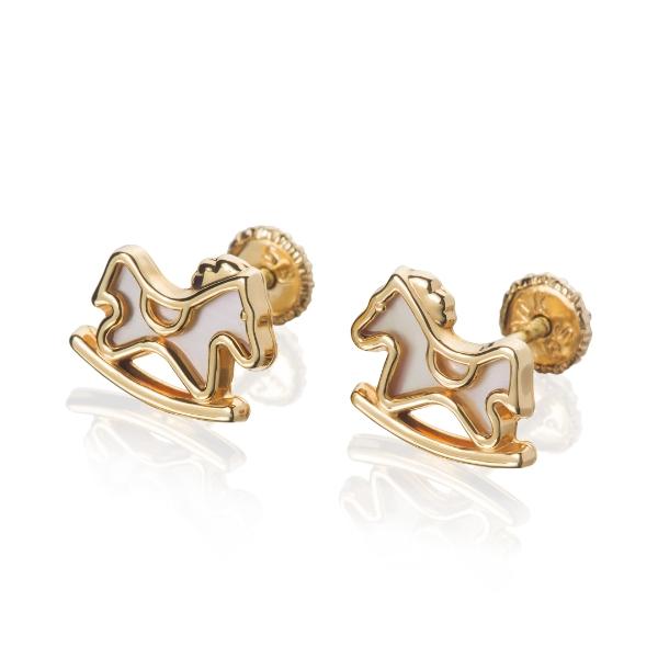 Aretes de Oro 14K Mujer broquel Caballo con oro amarillo brillante y madre perla | GIALLO